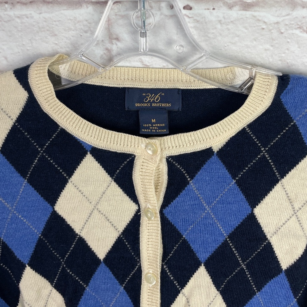 Brooks Brothers 100% Merino Wool Blue Argyle Cardigan Size M! - Picture 3 of 5